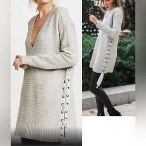 Free People Heart It Laces Oversized Heather Gray Knit Pullover Sweater Sz. M